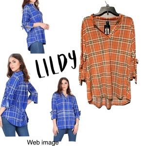 NWT LILDY Split sleeve peach plaid tonic L/XL
